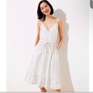LOFT Cream and Blue Striped Spaghetti-Strap Midi Dress with pockets worn once